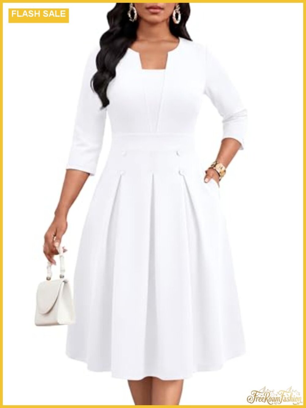 FANDEE Women's Church Midi Dress 3/4 Sleeve A-Line Fit Flare Work Dress with